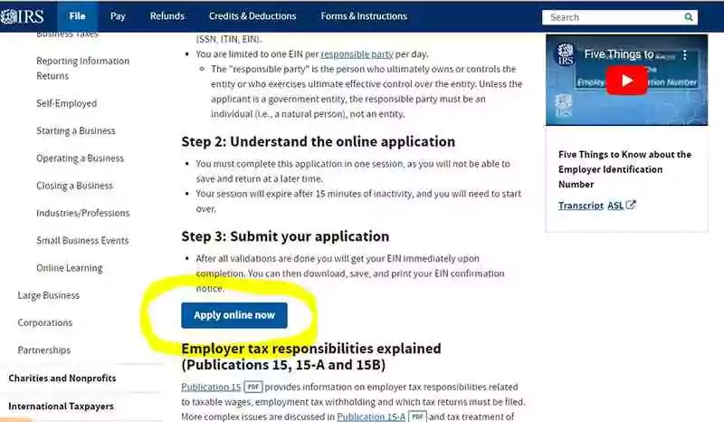 Get an Employer Identification Number step 1